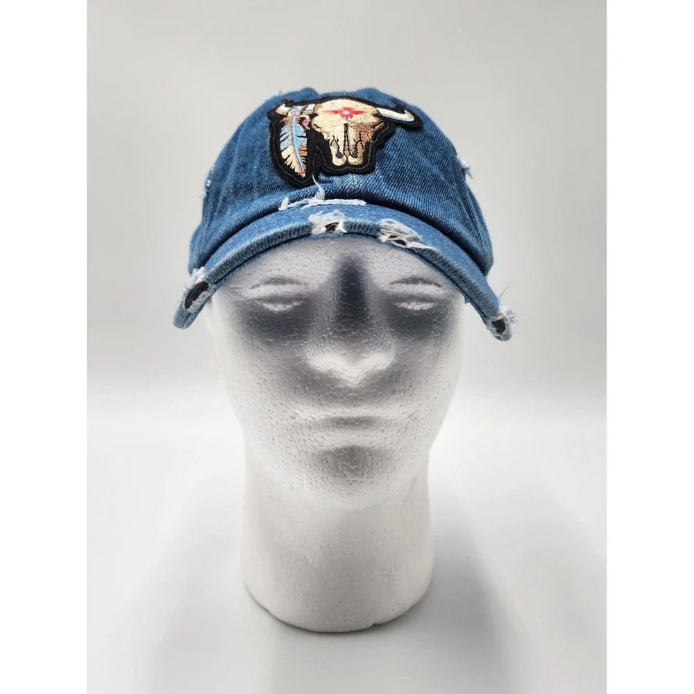 KB ETHOS VINTAGE DENIM DISTRESSED TRUCKER BASEBALL HAT CAP BULL SKULL PATCH